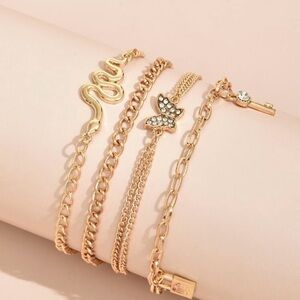 SHEIN Gold-Tone Layered Ankle Bracelet Set with Crystal Butterfly and Key Charm
